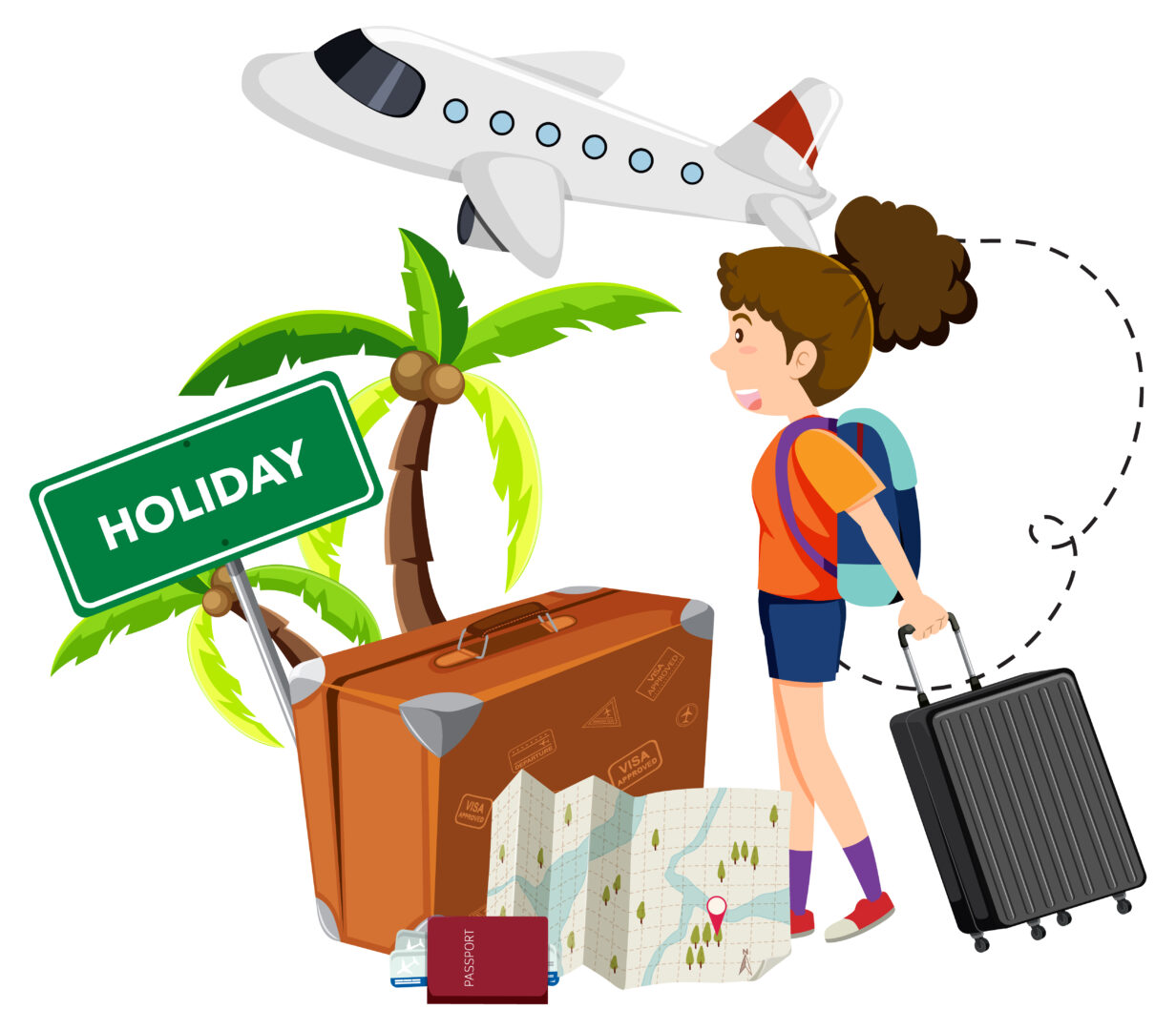 A girl with travelling objects on white background